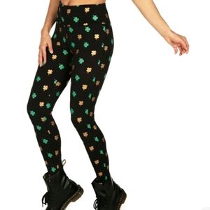 Tipsy Elves Black Leggings with Green and Tan Pattern